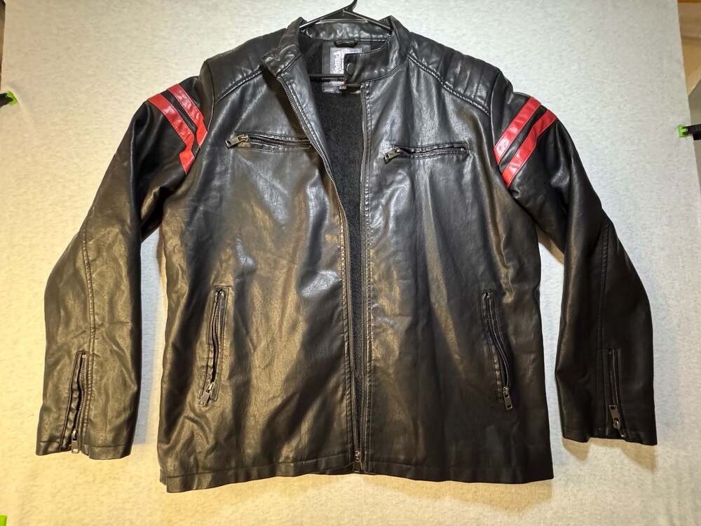 Bleu Grandeur Faux Leather Biker Jacket with Red Stripes and Faux Fur Lining